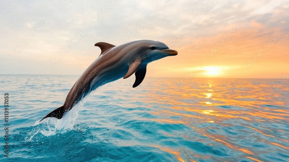 Naklejka premium Dolphin Leaping Gracefully Above Clear Waters at Sunset