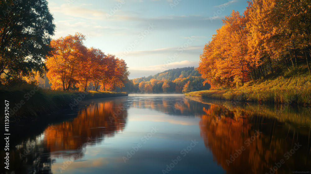 Obraz premium serene forest landscape with vibrant autumn trees reflecting in calm river. warm colors of fall create peaceful atmosphere, inviting tranquility and reflection
