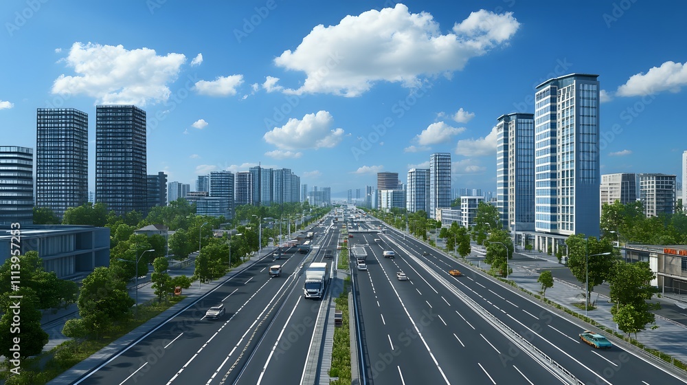 Fototapeta premium Cityscape with highway, buildings, and greenery under a blue sky.
