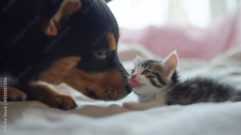 Obraz premium Puppy cutely sniffs and licks kitten