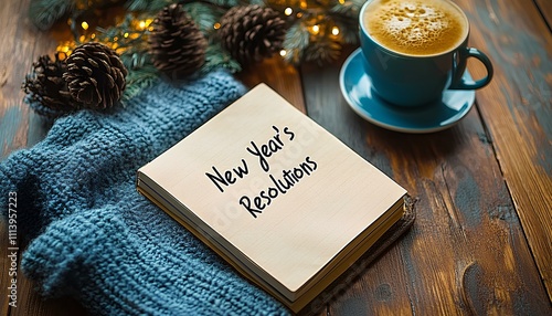 New Year's resolutions handwritten in notebook. Open journal with a handwritten list of goals and plans for the new year, accompanied by a pen and festive decorations. Motivational themes New Year