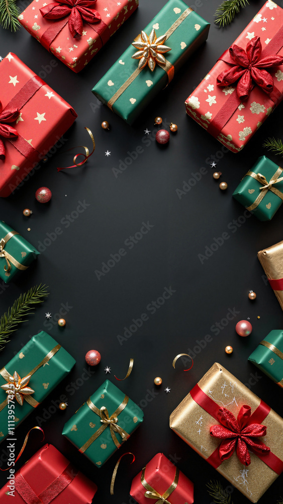Festive Christmas Gifts on Black: Elegant Holiday Marketing Background for Seasonal Campaigns and Greetings Festive Christmas Gifts on Black: Elegant Holiday Marketing Background for Seasonal Campaigns and Greetings