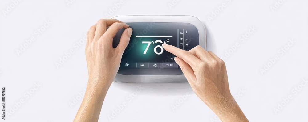 Hand selecting room temperature on modern thermostat, sleek digital interface, Watercolor style Hand selecting room temperature on modern thermostat, sleek digital interface, Watercolor style