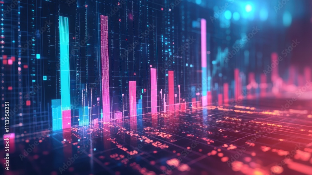 Abstract digital data visualization with glowing bar graphs and numbers. Abstract digital data visualization with glowing bar graphs and numbers.