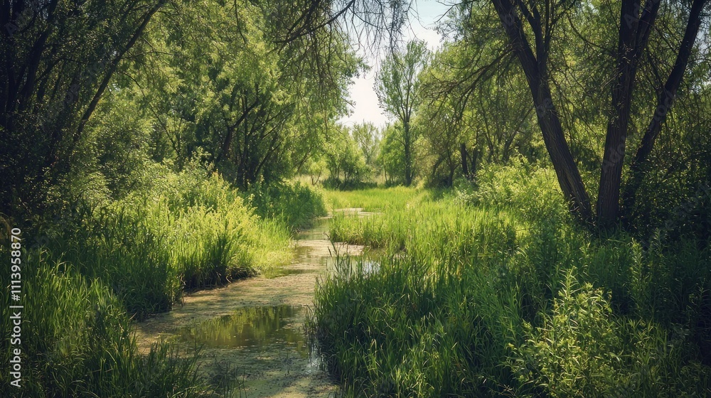 Fototapeta premium An overgrown ditch with tall grass, shrubs, and trees on the sides, located in a peaceful countryside setting