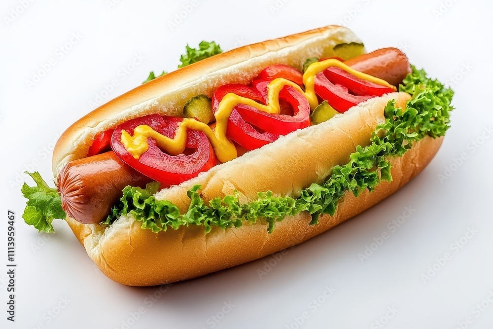 Juicy hot dog in a bun with tomato, mustard, pickles, and lettuce. Perfect for food blogs, menus, or any project needing a delicious image. Juicy hot dog in a bun with tomato, mustard, pickles, and lettuce. Perfect for food blogs, menus, or any project needing a delicious image.