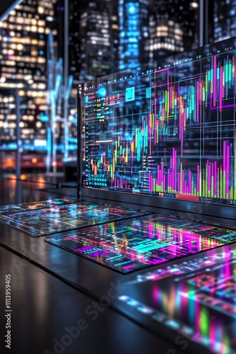 Digital stock market data displayed on futuristic screens at night.