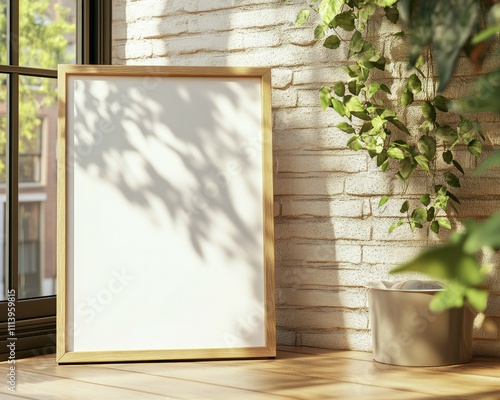 Wall art empty picture frame mockup on wooden desk, wall, table. Vase with olive branches, cactus. Elegant working space, home office concept.