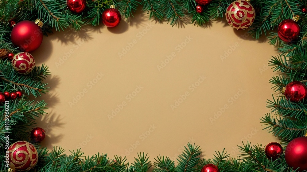 Light yellow solid background with a festive Christmas decorations. Green fir branches, cones and colorful red and gold baubles on an empty blank surface. New Year celebration frame design template. Light yellow solid background with a festive Christmas decorations. Green fir branches, cones and colorful red and gold baubles on an empty blank surface. New Year celebration frame design template.