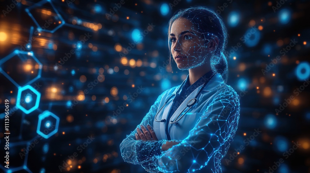 A female doctor, digitally overlaid with network connections, representing advanced healthcare technology. A female doctor, digitally overlaid with network connections, representing advanced healthcare technology.