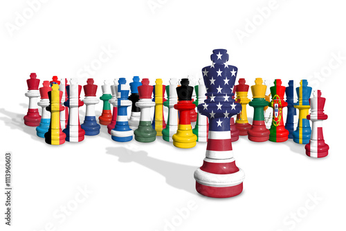 Chess made from EU members and USA flags isolated on a transparent background
