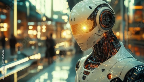 Wallpaper Mural A symbolic humanoid robot glowing softly in a futuristic workspace, cinematic focus, and warm ambient tones Torontodigital.ca