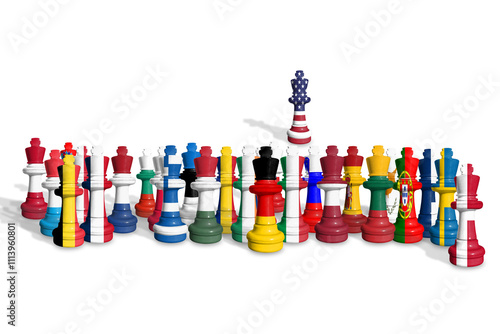 Chess made from EU members and USA flags isolated on a transparent background