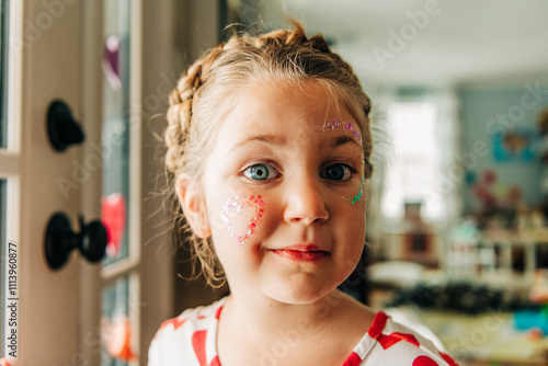 Close-up of girl with glitter heart makeup and braided hair photo