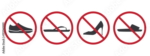 Bundle prohibition sign of shoes, high heels, sandal, flip flops, boots, footwear not allowed label