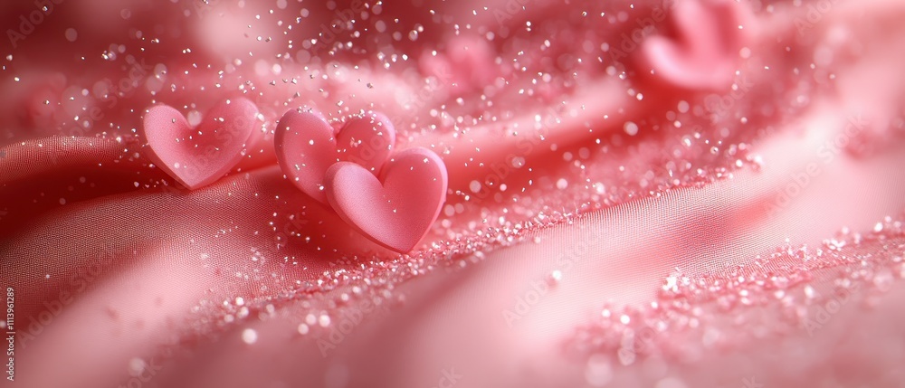 A dreamy Valentine’s Day card with heart-shaped confetti falling gently on a smooth pink satin surface, bathed in soft, diffused light A dreamy Valentine’s Day card with heart-shaped confetti falling gently on a smooth pink satin surface, bathed in soft, diffused light