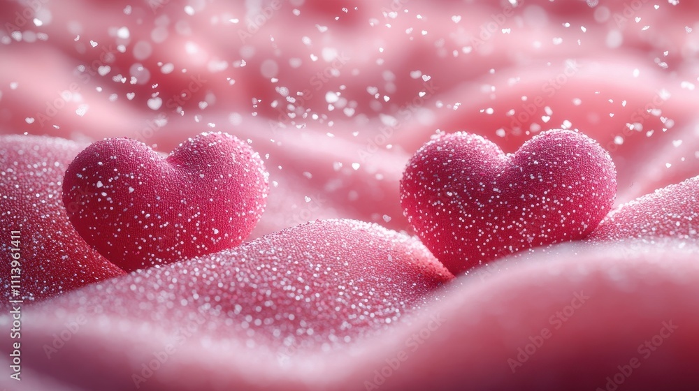 A dreamy composition for a Saint Valentine’s Day card with tiny heart-shaped confetti on a pink satin surface, softly lit for a tactile feel A dreamy composition for a Saint Valentine’s Day card with tiny heart-shaped confetti on a pink satin surface, softly lit for a tactile feel