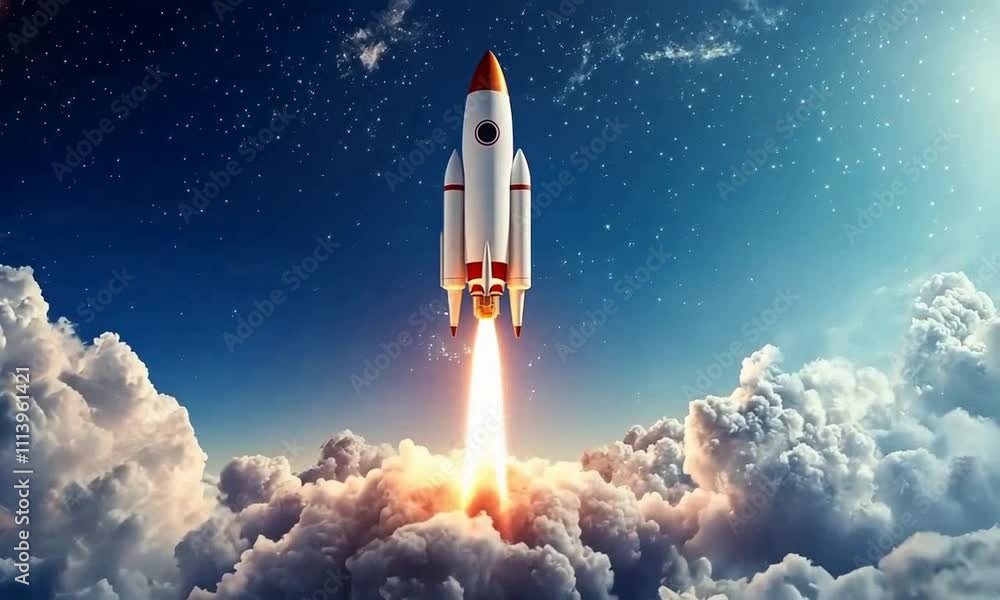 A rocket launching into the sky, surrounded by clouds and a starry background. A rocket launching into the sky, surrounded by clouds and a starry background.