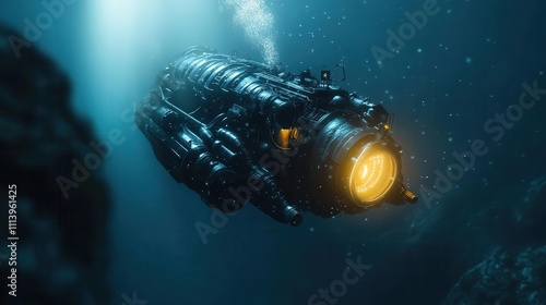 A symbolic IoTenabled underwater robot glowing softly in a deep ocean scene, cinematic light beams and focus photo