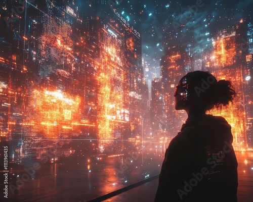 A symbolic mixed reality scene where a virtual world blends seamlessly with reality, glowing elements, and film grain