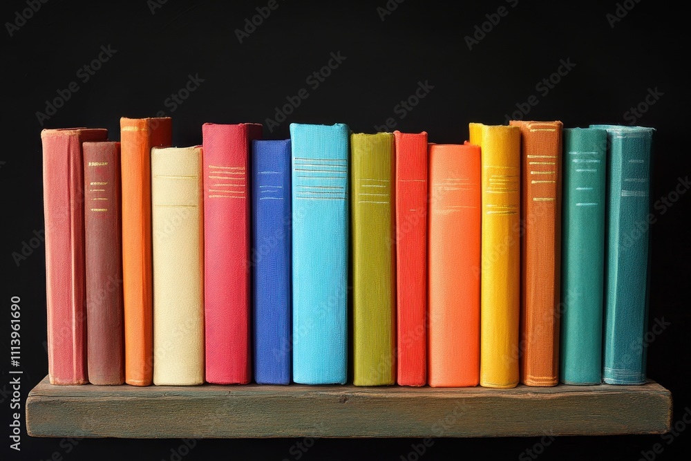 Naklejka premium Colorful books neatly arranged on a shelf. Perfect for education, reading, or library concepts.