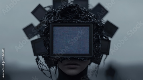 An epic, futuristic, and surreal portrait of a woman with her face partially hidden behind a complex, wearable sculpture crafted from multiple screens or monitors. photo