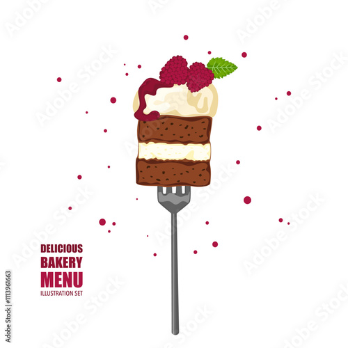 Vector illustration of food, bakery, cupcake, cake, cream, pastry, handmade bread, cooking, sweet products, food menu. Empty isolated on white background. For posters, signs, cards and advertisements