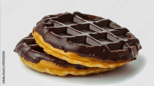 Stack of two chocolate-covered waffles on a clean white background