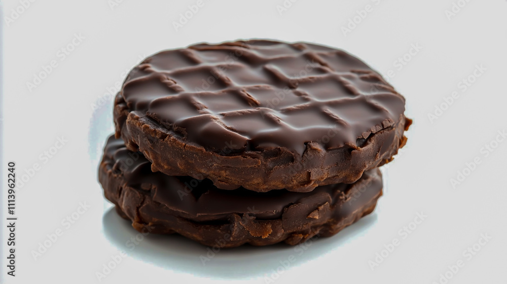 Stack of two chocolate-covered waffles on a clean white background