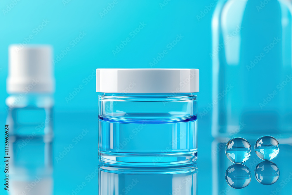 Clear glass cosmetic jar with lid, water droplets, and reflective surface create serene and fresh atmosphere. Ideal for skincare products and beauty displays Clear glass cosmetic jar with lid, water droplets, and reflective surface create serene and fresh atmosphere. Ideal for skincare products and beauty displays