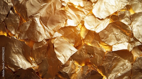 Close-up of crumpled gold foil texture. Ideal for luxury, wealth, or abstract designs.