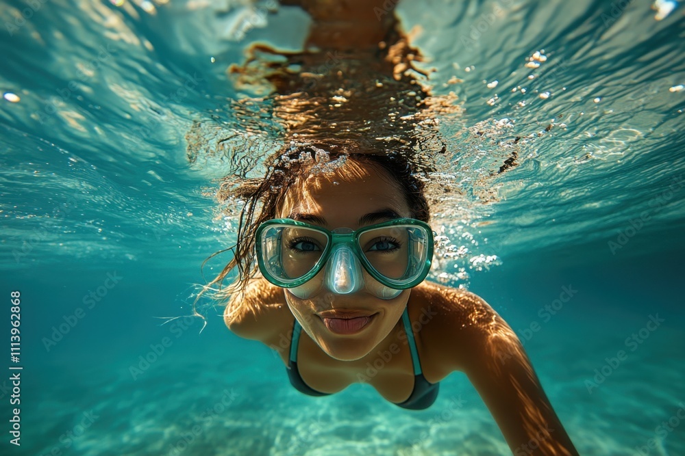Naklejka premium Diver enjoying underwater exploration while wearing a mask and snorkel in clear turquoise waters