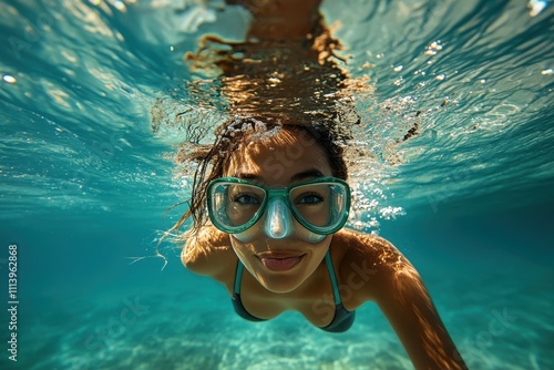 Diver enjoying underwater exploration while wearing a mask and snorkel in clear turquoise waters