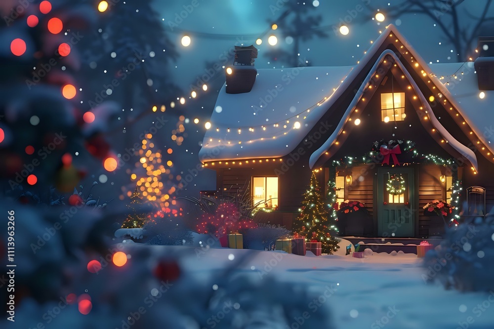 Cozy Winter House Decorated with Festive Lights and Snow Creates a Magical Christmas Eve Atmosphere, Showcasing the Beauty of a Snowy Landscape at Night with Enchanting Illumination. Cozy Winter House Decorated with Festive Lights and Snow Creates a Magical Christmas Eve Atmosphere, Showcasing the Beauty of a Snowy Landscape at Night with Enchanting Illumination.