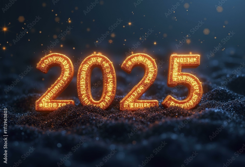 2025 glowing in golden text on black sand with glow on a starry background 2025 glowing in golden text on black sand with glow on a starry background