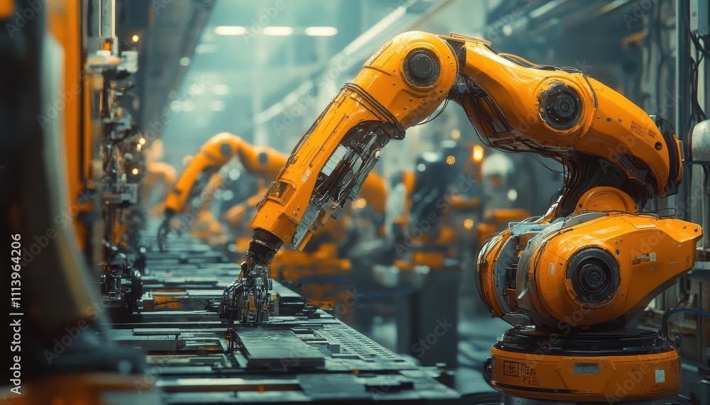 A symbolic visualization of robotic assembly lines creating components for reusable rockets, warm cinematic tones A symbolic visualization of robotic assembly lines creating components for reusable rockets, warm cinematic tones