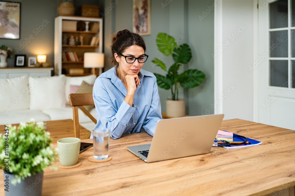 Young business woman in home office having video call on laptop computer with client. Female professional occupation manager and marketing expert working online on internet with customer. Young business woman in home office having video call on laptop computer with client. Female professional occupation manager and marketing expert working online on internet with customer.