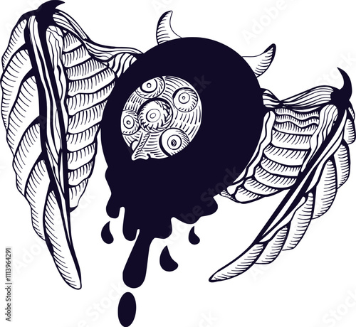 winged eyeball with multiple pupils and dripping liquid.