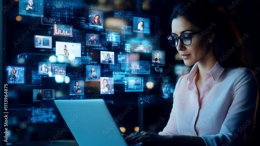 woman in glasses engages with a laptop, surrounded by floating holographic data visuals, highlighting her concentration and expertise woman in glasses engages with a laptop, surrounded by floating holographic data visuals, highlighting her concentration and expertise