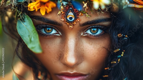 Beautiful woman wearing flower crown and showing blue eyes photo