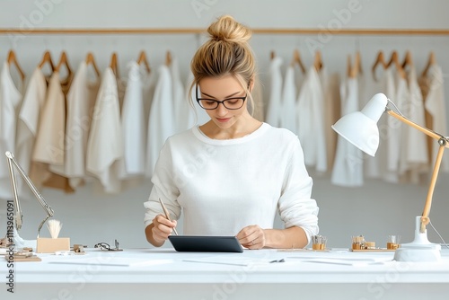 Caucasian female young adult fashion designer working creatively at desk in boutique studio photo