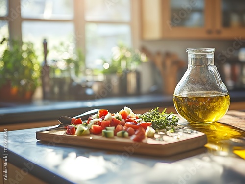 キッチンで準備された新鮮な野菜サラダとオリーブオイルの温かい光景 | Warm kitchen scene with fresh vegetable salad and olive oil photo