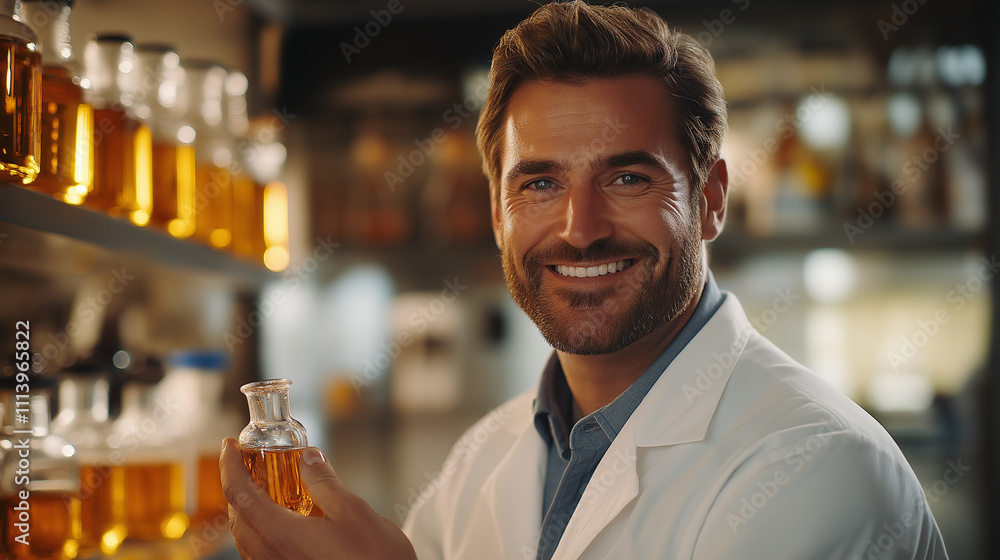 man in a lab coat holds a small glass bottle man in a lab coat holds a small glass bottle