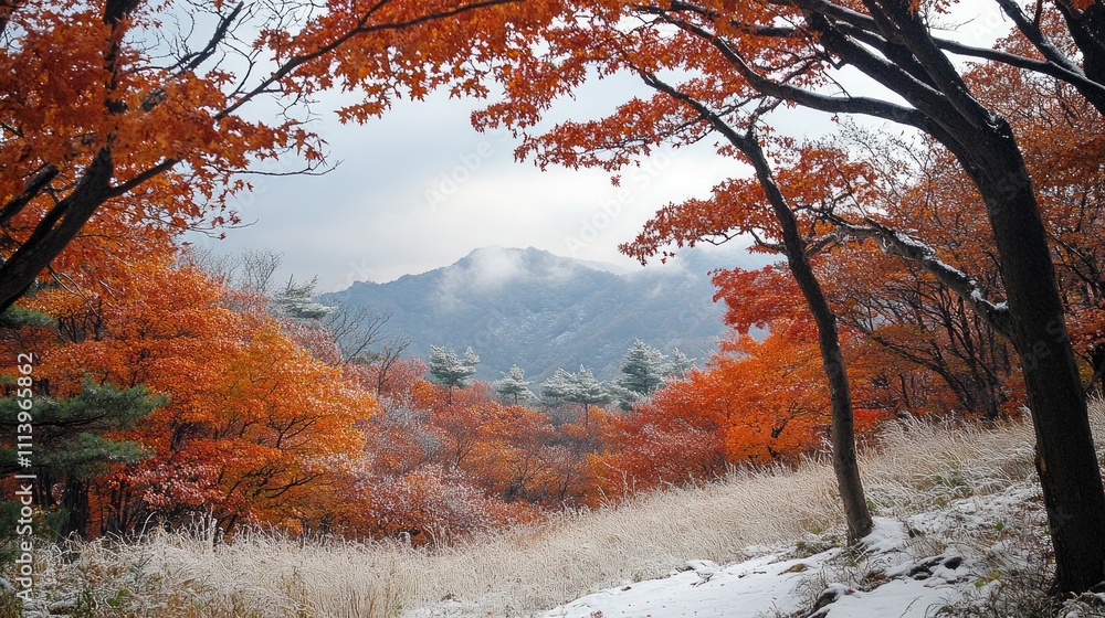 Fototapeta premium Tree with beautiful orange leaves in snow in winter
