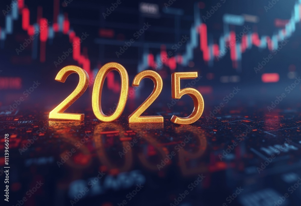 2025 in gold on a reflective surface with a financial graph background 2025 in gold on a reflective surface with a financial graph background
