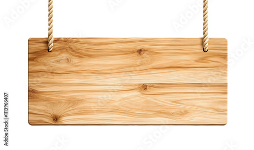 Wooden hanging signboard with rope on white background photo