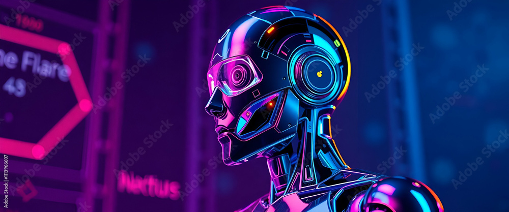 A beautiful Robot or Artificial Human made of iridescent plastic material in neon lights. 3d rendering illustration in sci-fi futuristic style