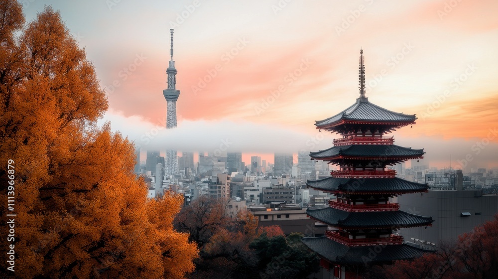 Panoramic View of Traditional Tokyo Skyline at Sunset Panoramic View of Traditional Tokyo Skyline at Sunset