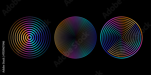 Music audio neon sound waves circles vector set. Epicenter, target, radar icons isolated on black background.
