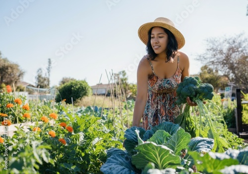 Young woman farmer is harvesting broccoli in a sunny community garden, surrounded by fresh, green vegetables photo